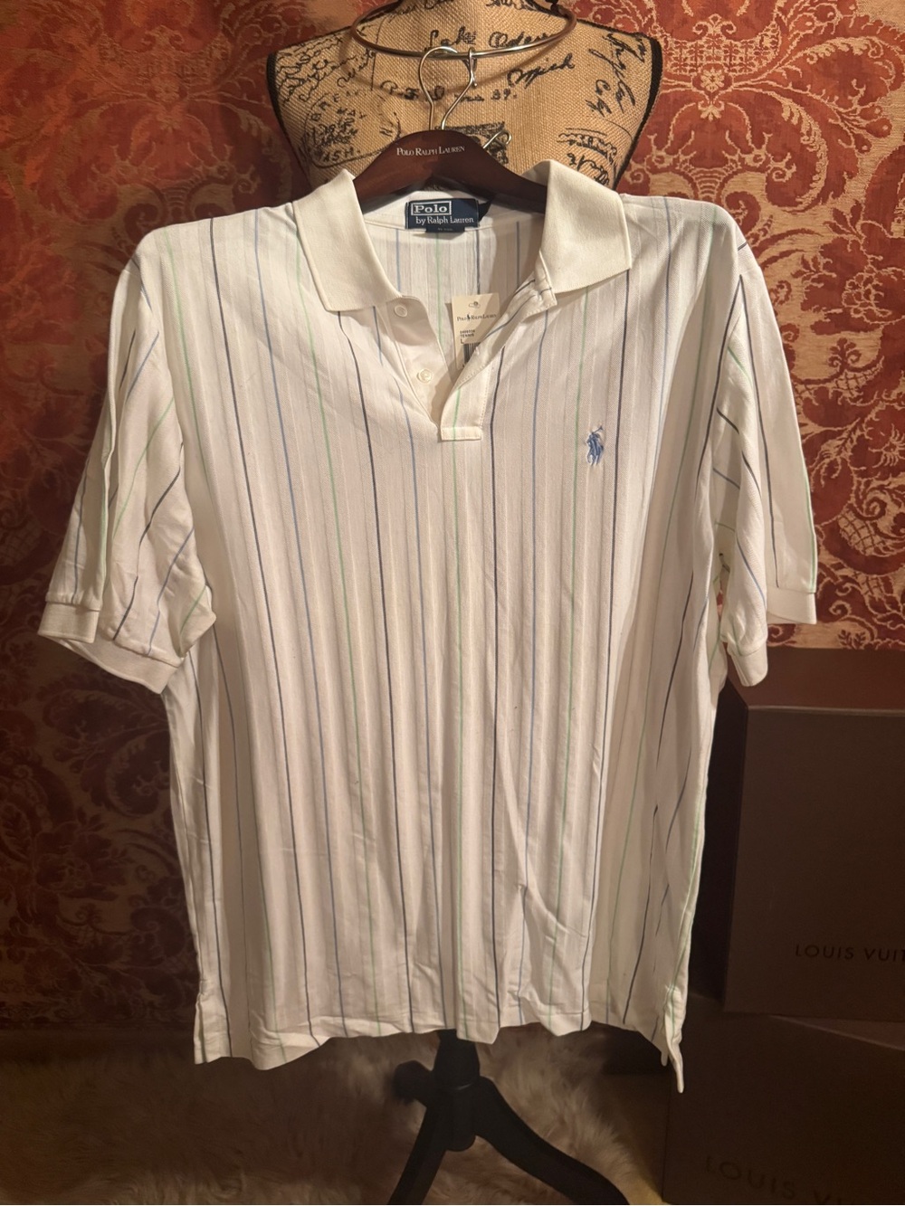Polo by Ralph Lauren White Polo with Blue & Green Pinstripes